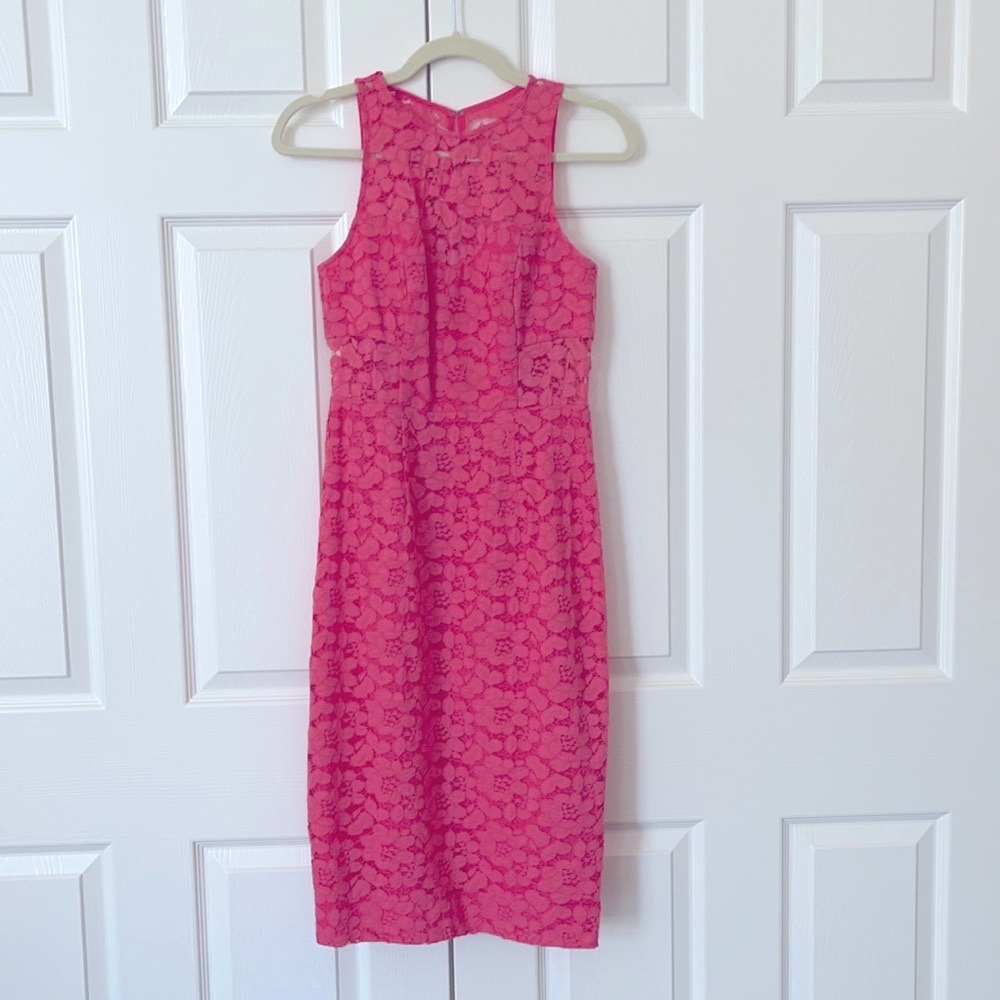 Rose petal pink Trina Turk sleeveless floral lace dress.